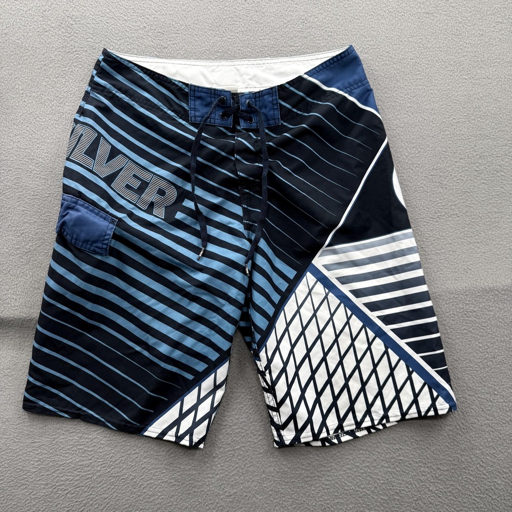Quiksilver Board Shorts Mens 32 Blue Stripe Swim Trunks UnLined Quick Dry Surf